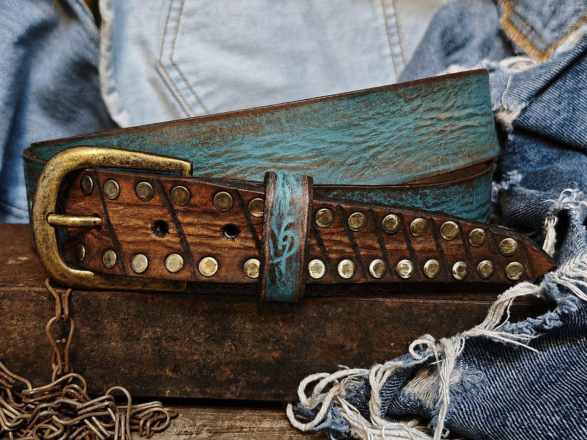 Handcrafted Turquoise & Brown Full-Grain Leather Belt for Men – ISHAOR