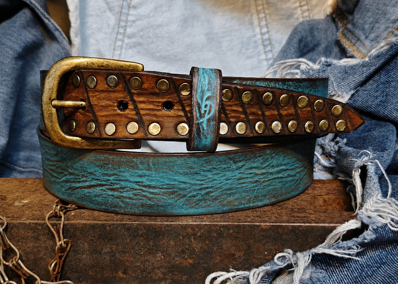 Handcrafted Turquoise & Brown Full-Grain Leather Belt for Men