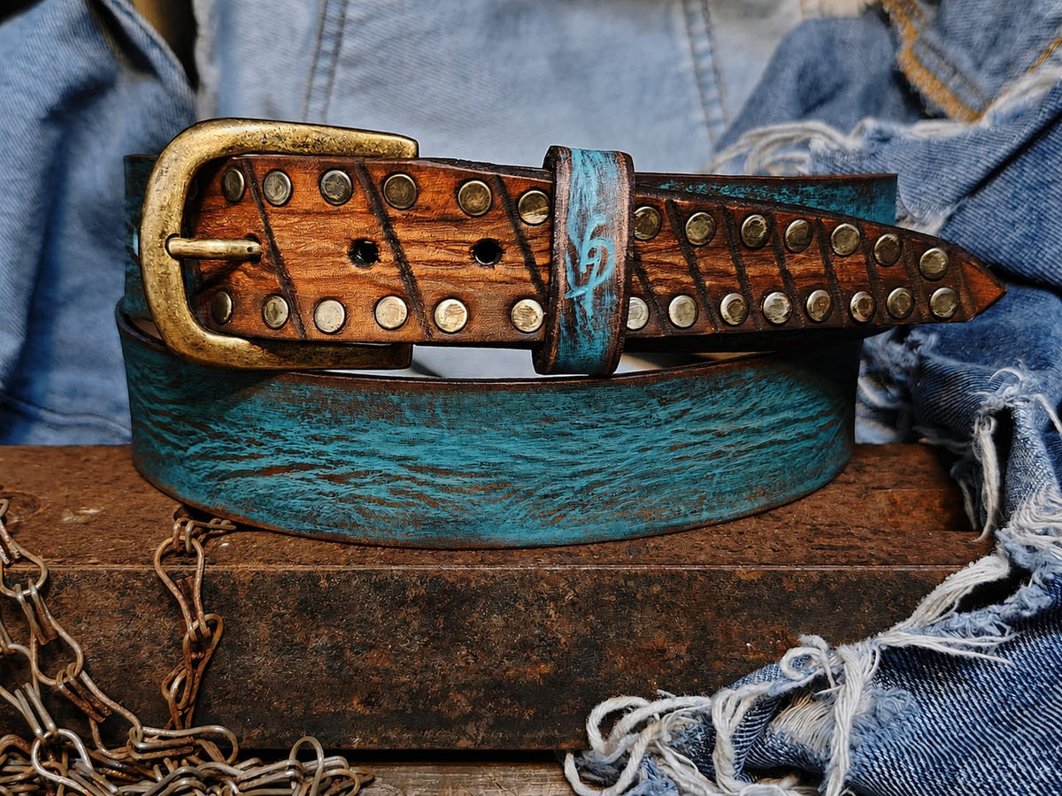 Handcrafted Turquoise & Brown Full-Grain Leather Belt for Men – ISHAOR