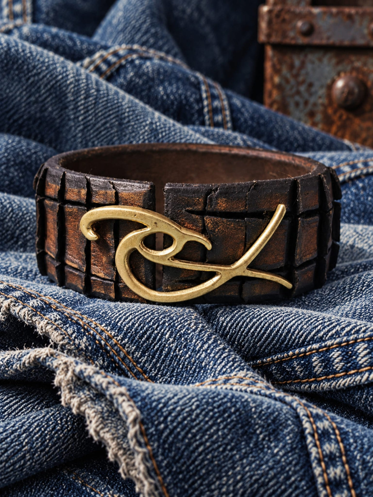 Handcrafted Dark Brown Leather Cuff Bracelet with Signature Antique Gold Logo Clasp