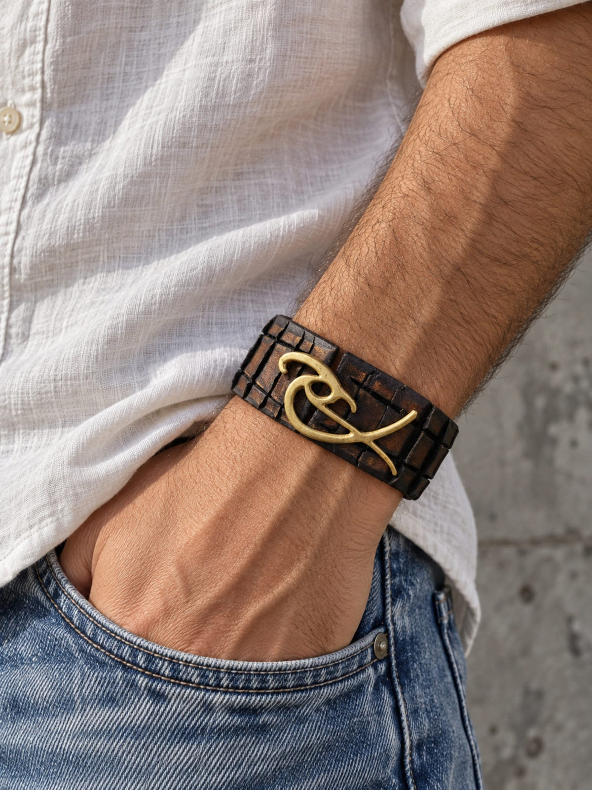 Handcrafted Dark Brown Leather Cuff Bracelet with Signature Antique Gold Logo Clasp