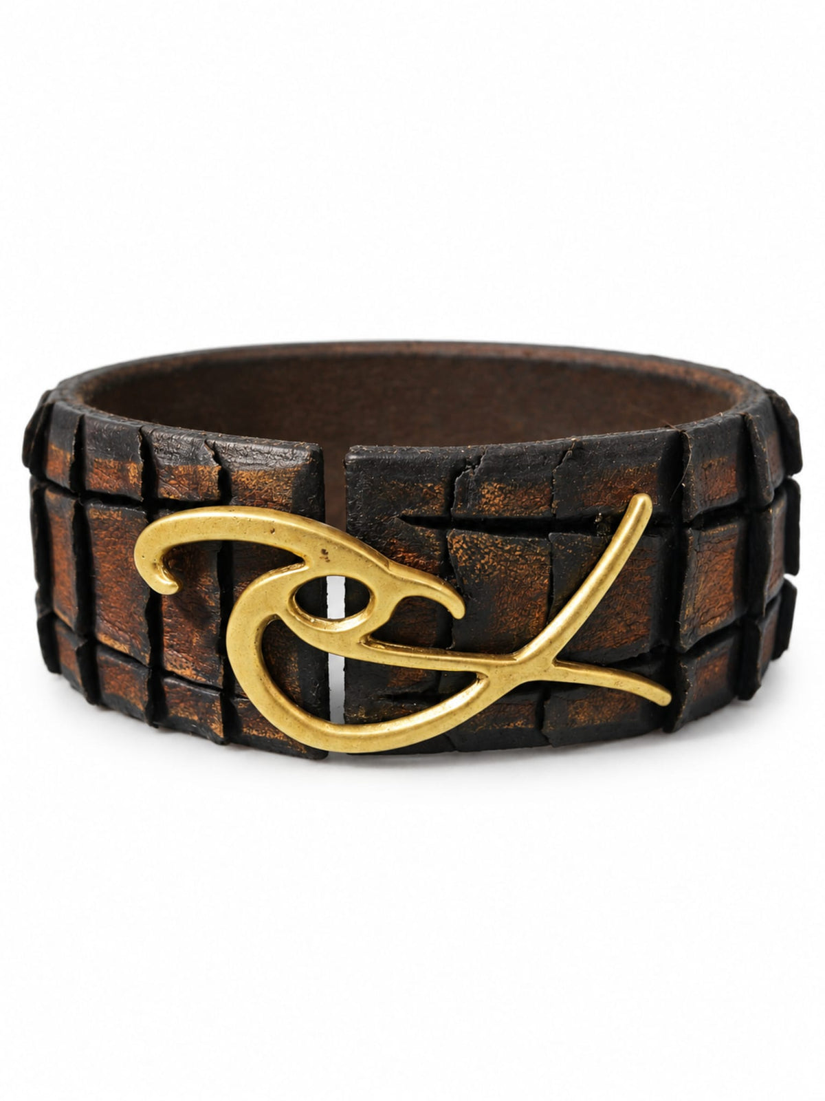 Handcrafted Dark Brown Leather Cuff Bracelet with Signature Antique Gold Logo Clasp