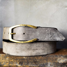 Stone Grey Matte Leather Belt – Handmade Wide 4.2 cm Jeans Belt with Antique Brass Buckle