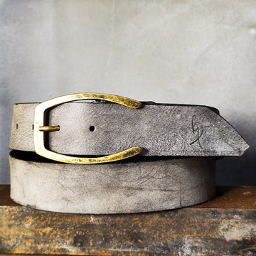 Stone Grey Matte Leather Belt – Handmade Wide 4.2 cm Jeans Belt with Antique Brass Buckle