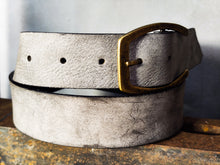 Stone Grey Matte Leather Belt – Handmade Wide 4.2 cm Jeans Belt with Antique Brass Buckle