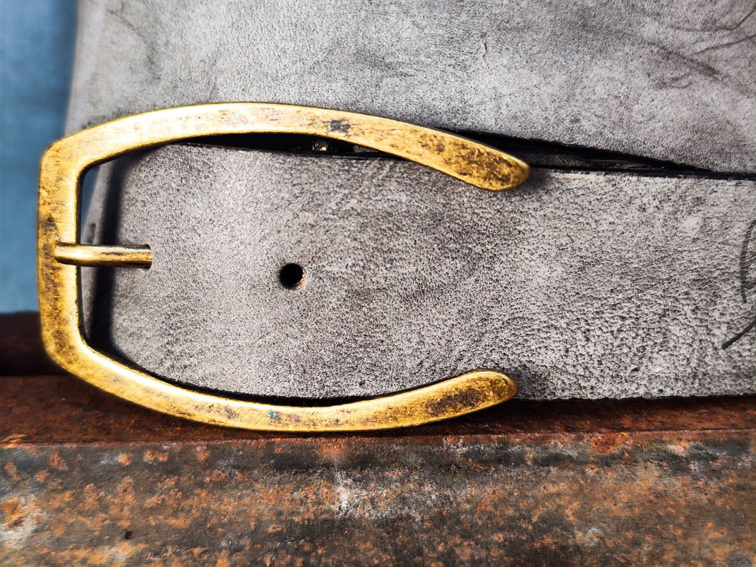 Stone Grey Matte Leather Belt – Handmade Wide 4.2 cm Jeans Belt with Antique Brass Buckle
