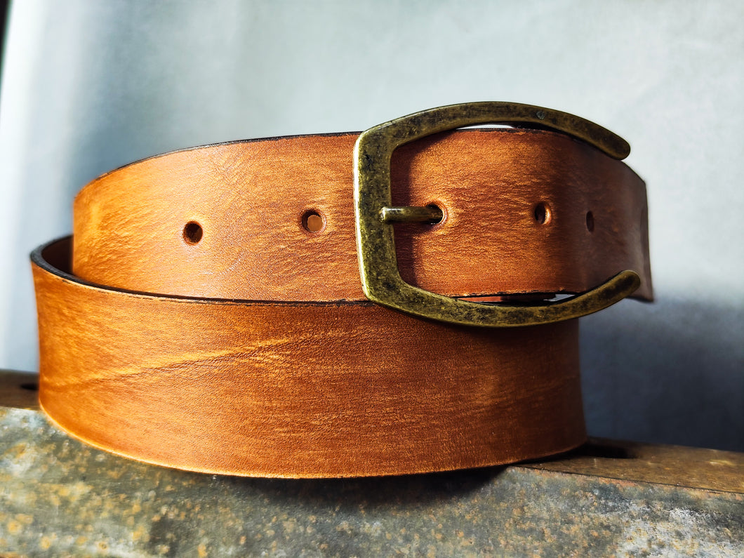 Saddle Brown Full-Grain Leather Belt – Wide 4.2 cm Jeans Belt with Vintage Brass Buckle