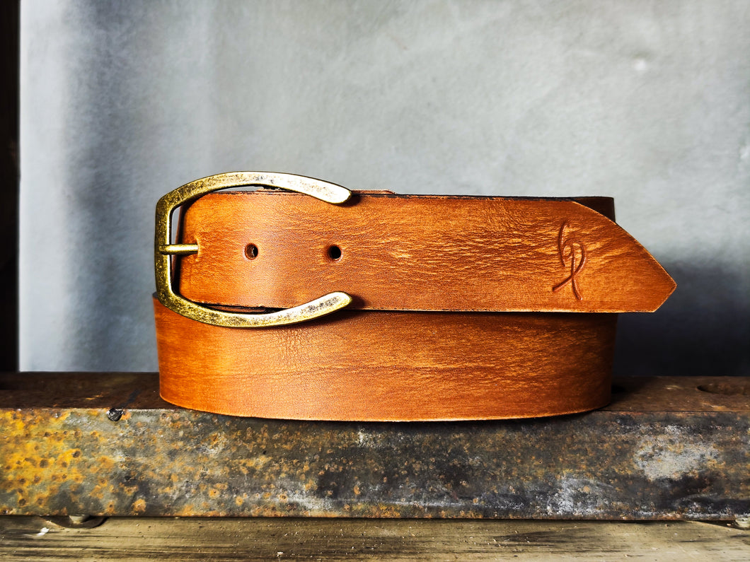 Saddle Brown Full-Grain Leather Belt – Wide 4.2 cm Jeans Belt with Vintage Brass Buckle