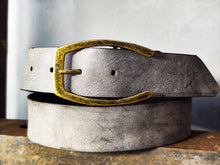 Stone Grey Matte Leather Belt – Handmade Wide 4.2 cm Jeans Belt with Antique Brass Buckle