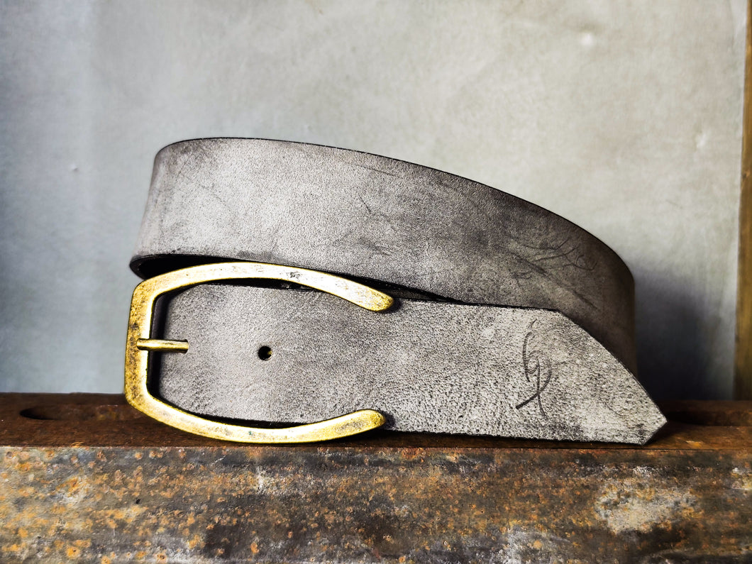 Stone Grey Matte Leather Belt – Handmade Wide 4.2 cm Jeans Belt with Antique Brass Buckle