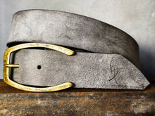 Stone Grey Matte Leather Belt – Handmade Wide 4.2 cm Jeans Belt with Antique Brass Buckle