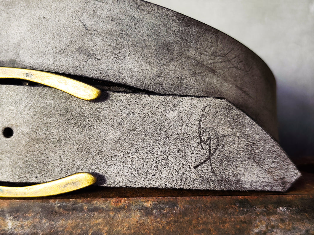 Stone Grey Matte Leather Belt – Handmade Wide 4.2 cm Jeans Belt with Antique Brass Buckle