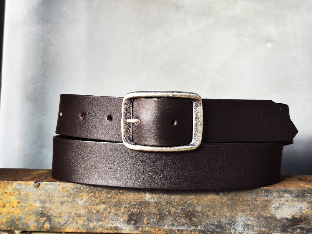 Dark Chocolate Brown Full-Grain Leather Belt – Wide 4.2 cm Jeans Belt with Distressed Silver Buckle