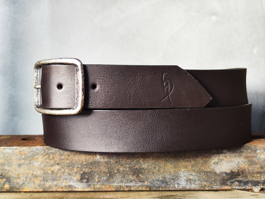 Dark Chocolate Brown Full-Grain Leather Belt – Wide 4.2 cm Jeans Belt with Distressed Silver Buckle