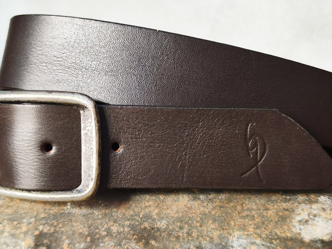 Dark Chocolate Brown Full-Grain Leather Belt – Wide 4.2 cm Jeans Belt with Distressed Silver Buckle