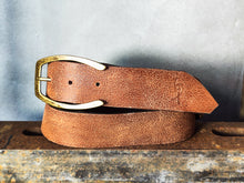 Cognac Distressed Leather Belt – Wide 4.2 cm Vintage-Style Jeans Belt with Antique Brass Buckle