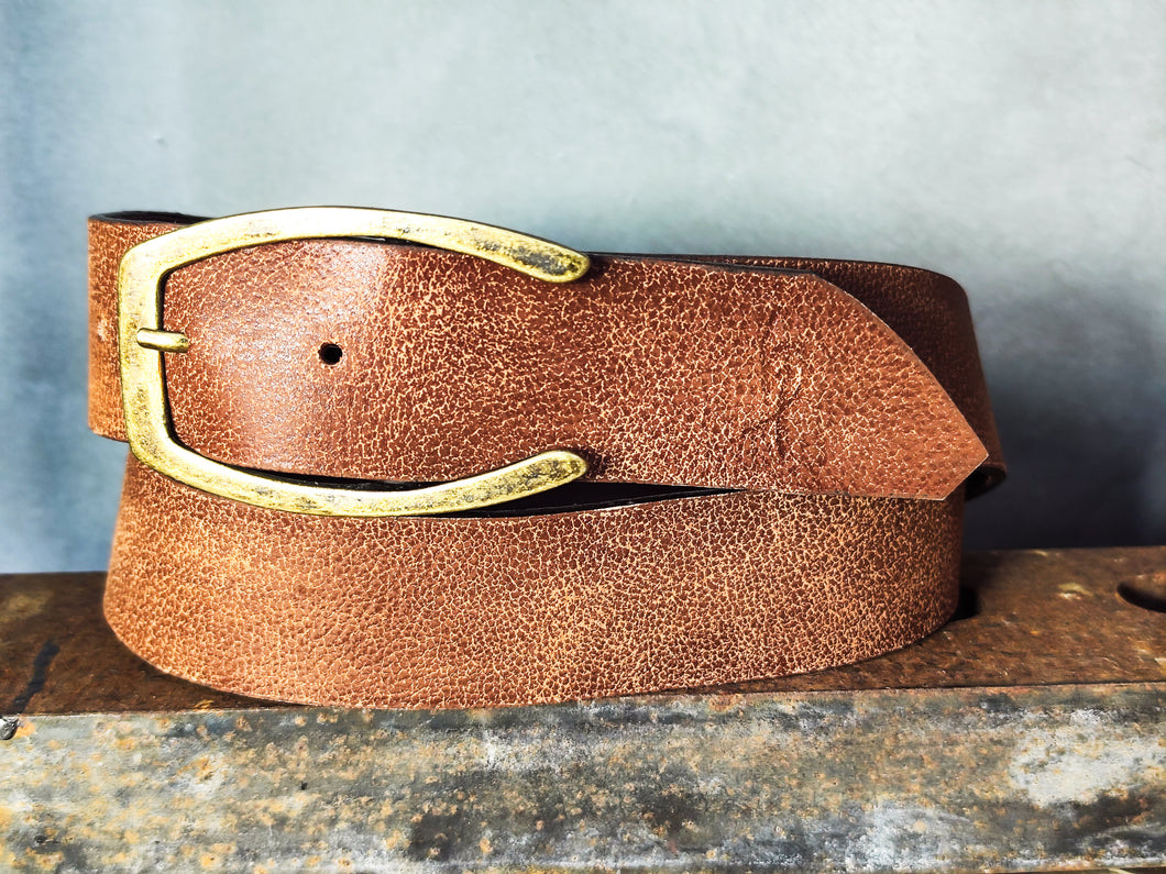 Cognac Distressed Leather Belt – Wide 4.2 cm Vintage-Style Jeans Belt with Antique Brass Buckle
