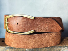 Cognac Distressed Leather Belt – Wide 4.2 cm Vintage-Style Jeans Belt with Antique Brass Buckle
