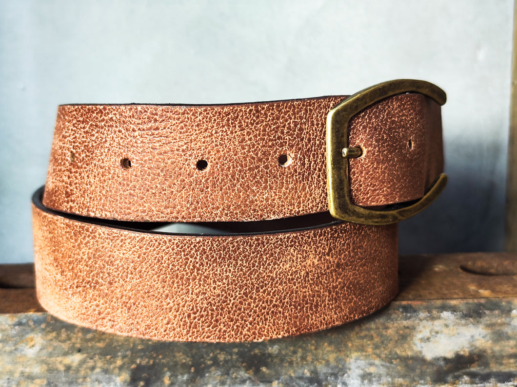 Cognac Distressed Leather Belt – Wide 4.2 cm Vintage-Style Jeans Belt with Antique Brass Buckle