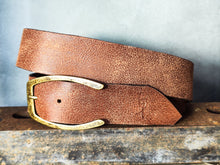 Cognac Distressed Leather Belt – Wide 4.2 cm Vintage-Style Jeans Belt with Antique Brass Buckle