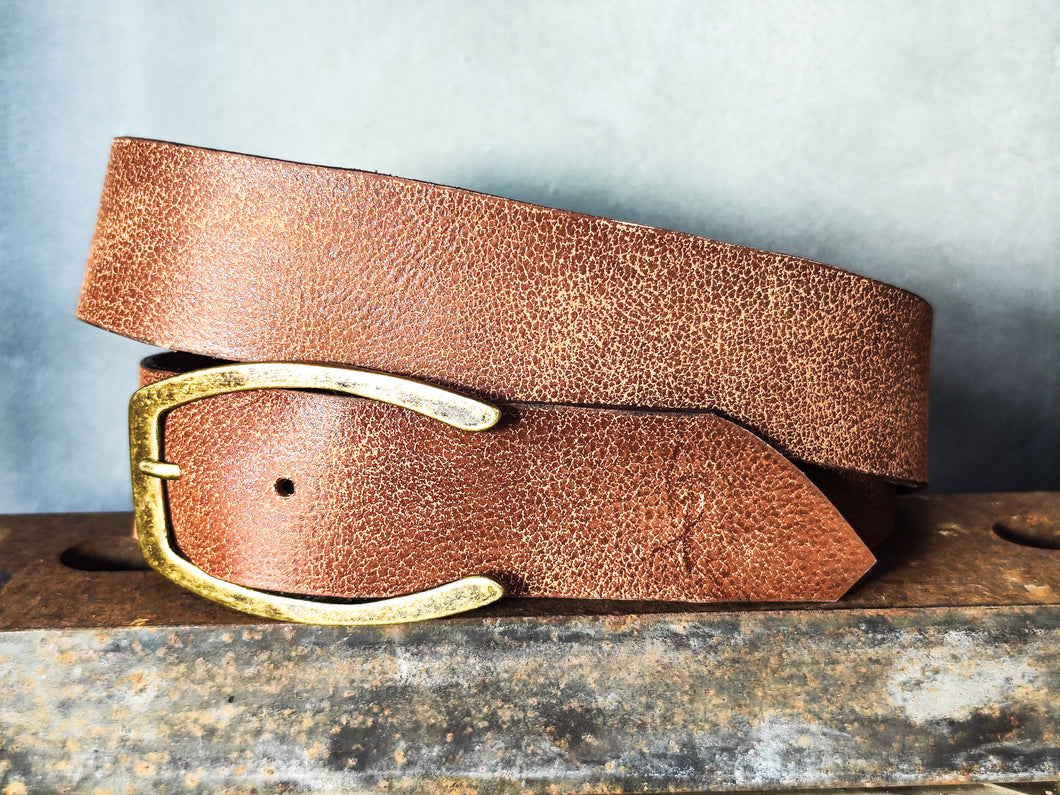Cognac Distressed Leather Belt – Wide 4.2 cm Vintage-Style Jeans Belt with Antique Brass Buckle
