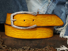 Handmade Yellow Leather Belt with Horseshoe silver Buckle Design - Personalizable Gift for Your Loved One