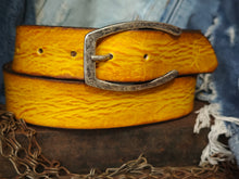 Handmade Yellow Leather Belt with Horseshoe silver Buckle Design - Personalizable Gift for Your Loved One