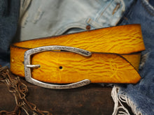 Handmade Yellow Leather Belt with Horseshoe silver Buckle Design - Personalizable Gift for Your Loved One
