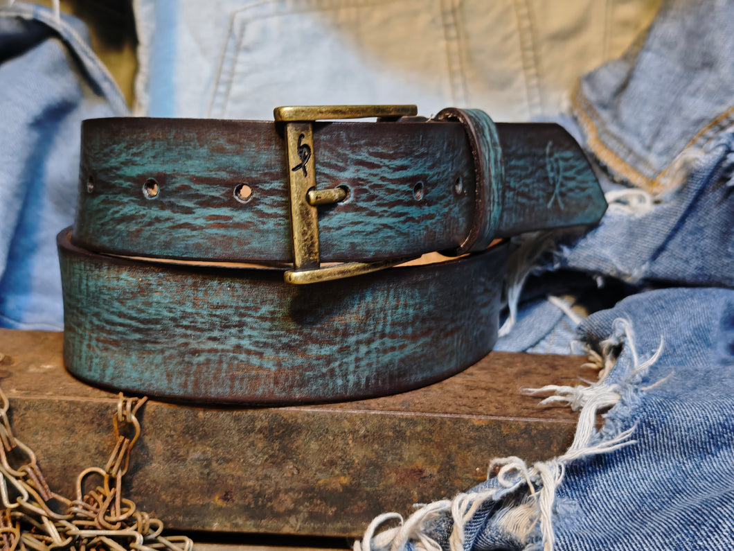 Distressed Turquoise Leather Belt - Personalized Statement Piece for Jeans - Rough Finish Stunning Design - Perfect Gift Option