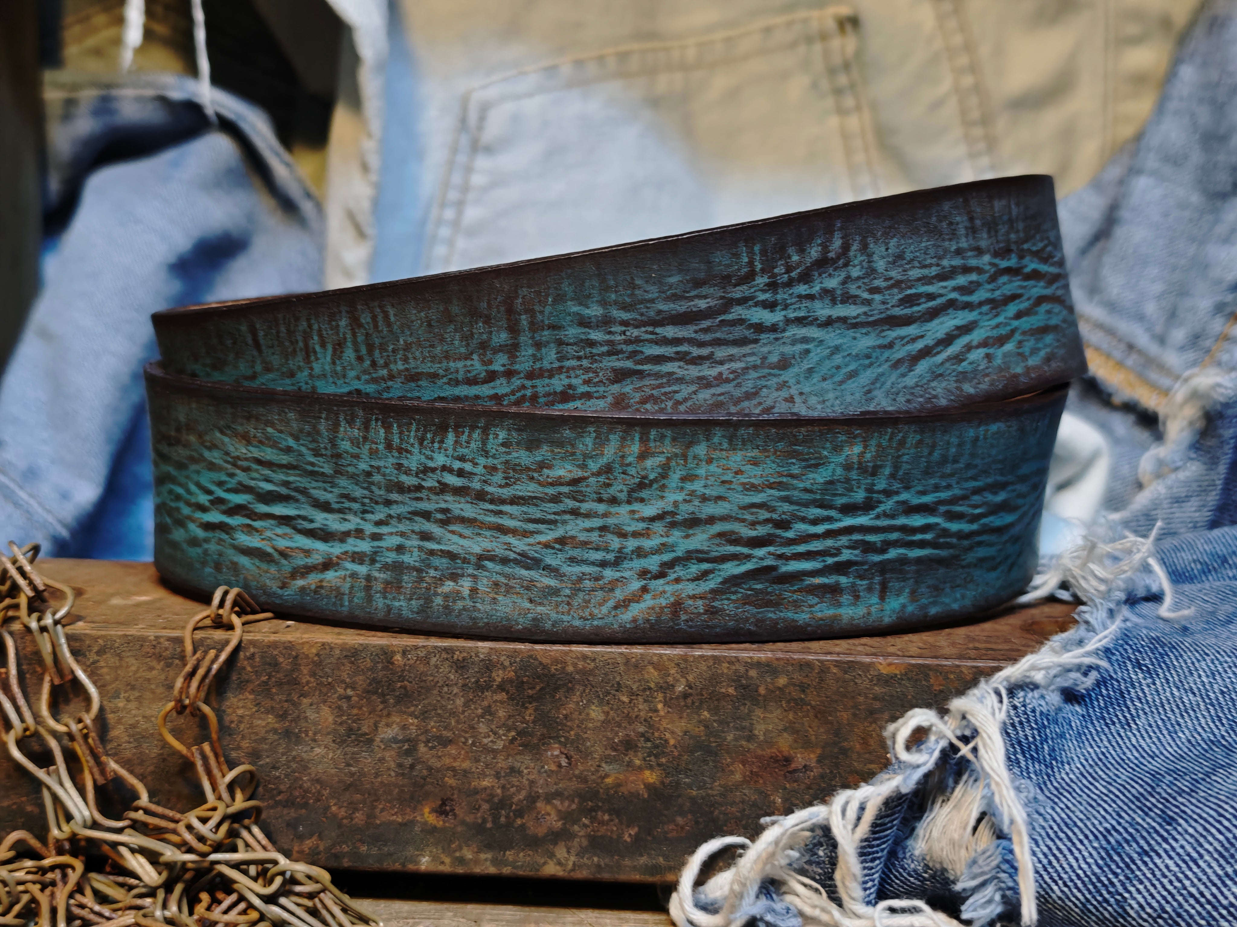 Distressed Turquoise Leather Belt - Personalized Statement Piece for Jeans - Rough Finish Stunning Design - Perfect Gift Option