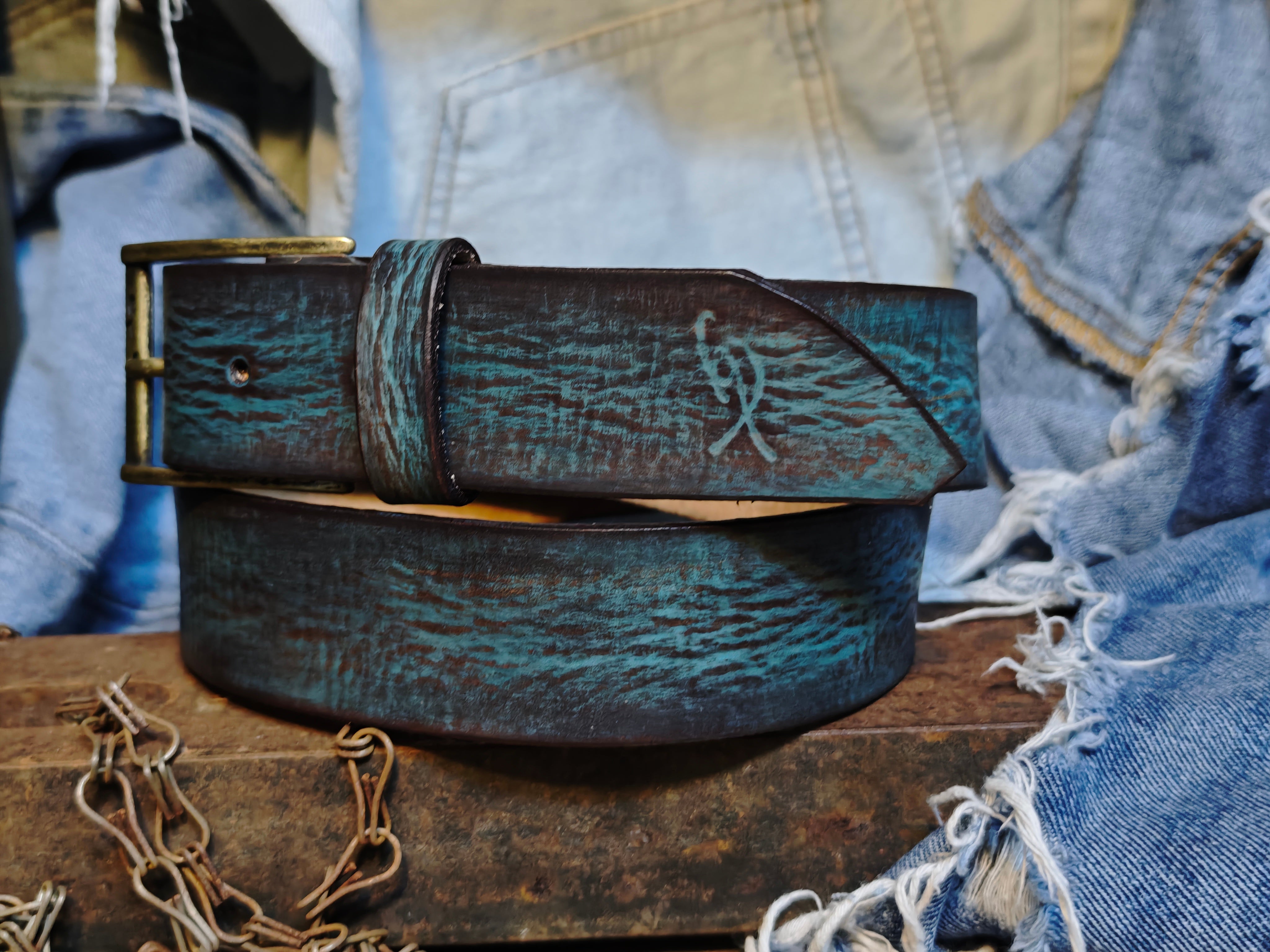 Distressed Turquoise Leather Belt - Personalized Statement Piece for Jeans - Rough Finish Stunning Design - Perfect Gift Option