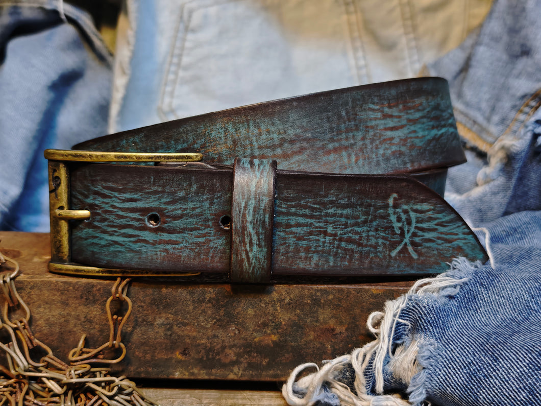 Distressed Turquoise Leather Belt - Personalized Statement Piece for Jeans - Rough Finish Stunning Design - Perfect Gift Option