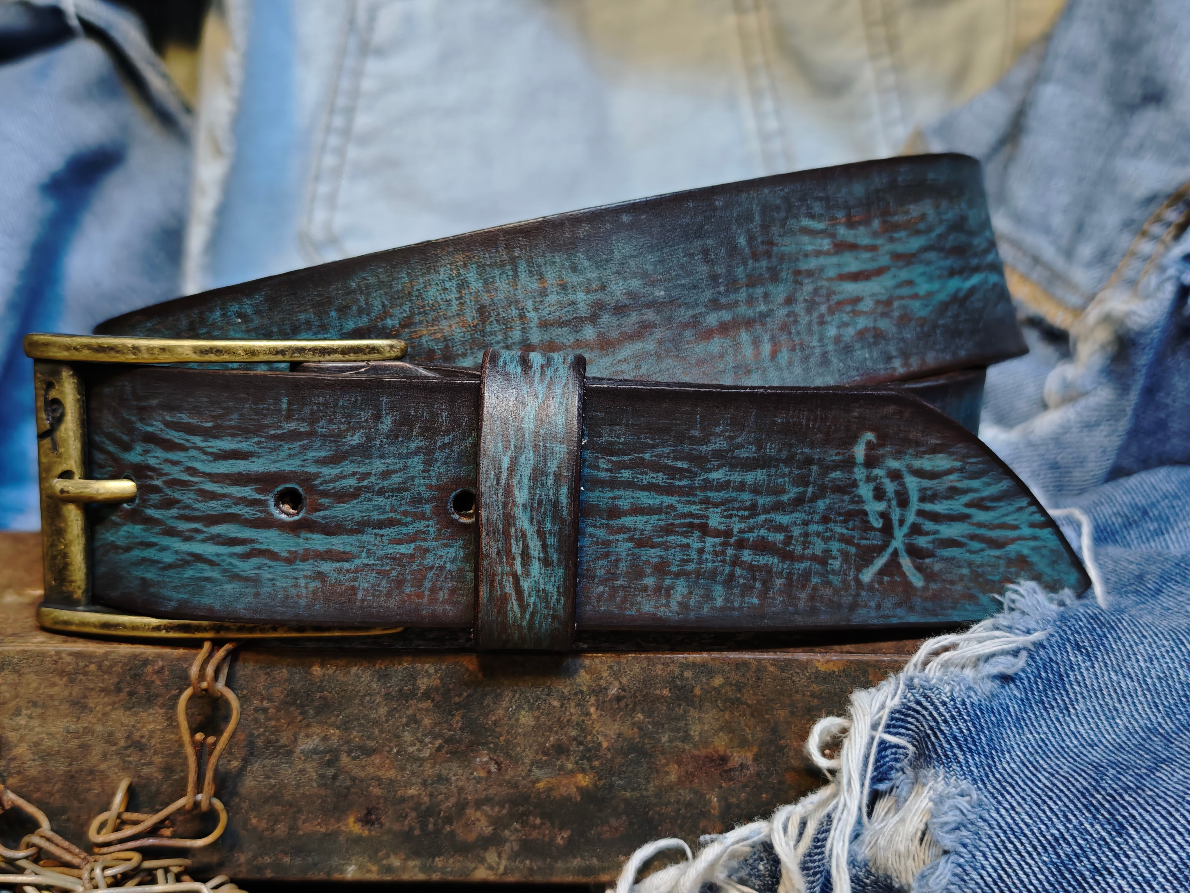 Distressed Turquoise Leather Belt - Personalized Statement Piece for Jeans - Rough Finish Stunning Design - Perfect Gift Option