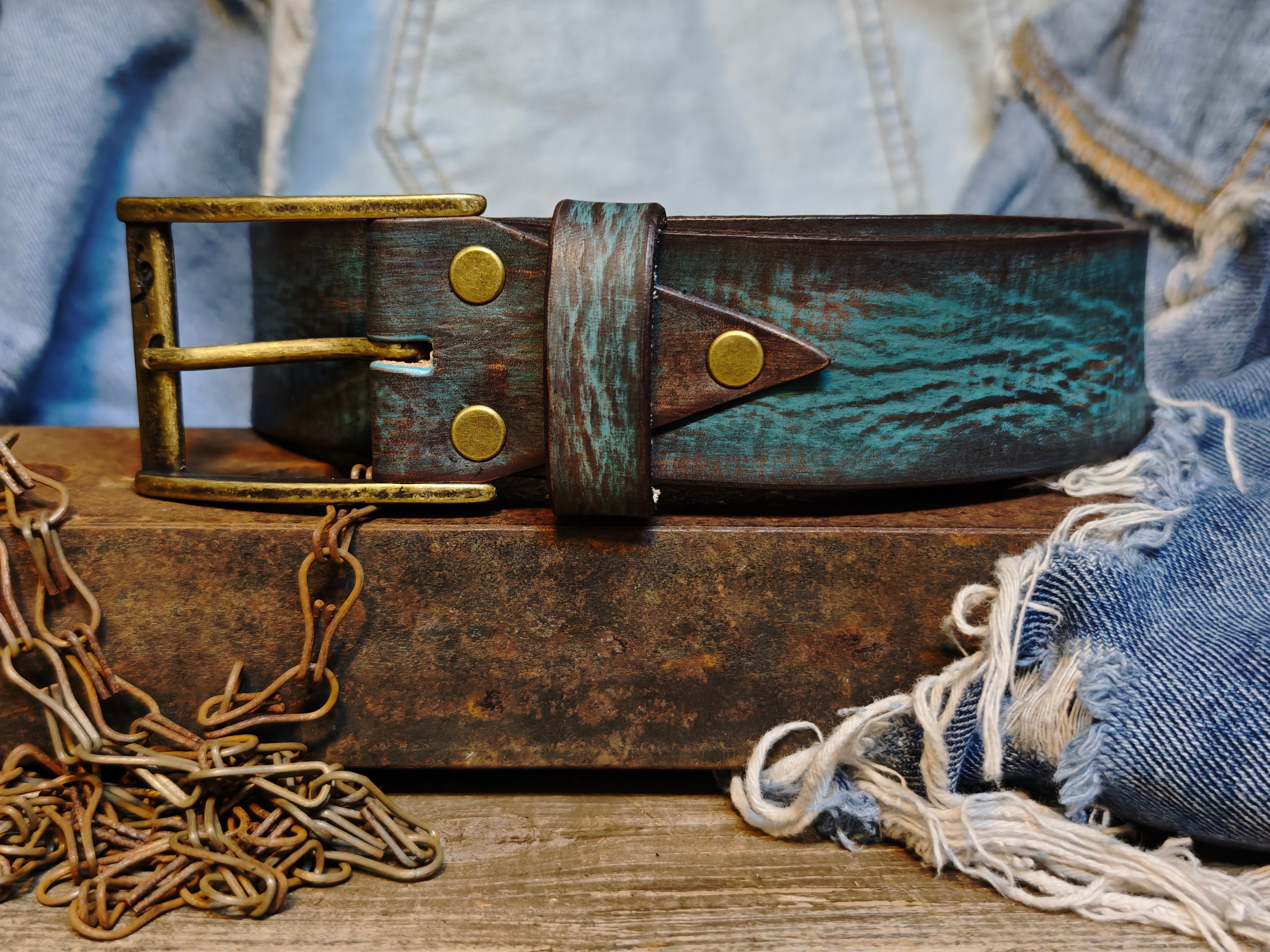 Distressed Turquoise Leather Belt - Personalized Statement Piece for Jeans - Rough Finish Stunning Design - Perfect Gift Option