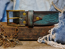 Distressed Turquoise Leather Belt - Personalized Statement Piece for Jeans - Rough Finish Stunning Design - Perfect Gift Option