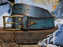 Distressed Turquoise Leather Belt - Personalized Statement Piece for Jeans - Rough Finish Stunning Design - Perfect Gift Option