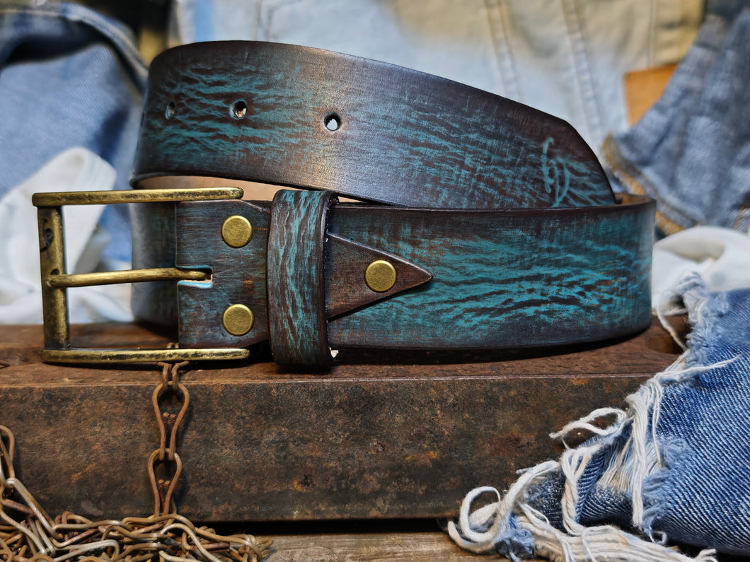 Distressed Turquoise Leather Belt - Personalized Statement Piece for Jeans - Rough Finish Stunning Design - Perfect Gift Option