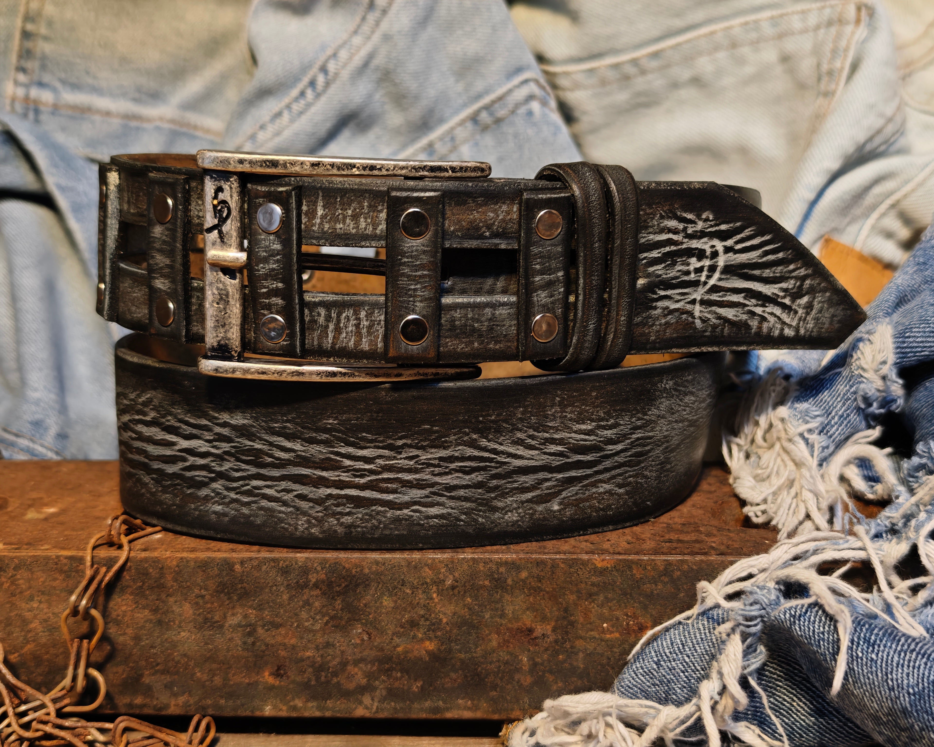 Brown Leather Belt  Handmade Gray Wash  Silver Buckle  Unique Original Design  Casual Outfit  X-Mas Gift