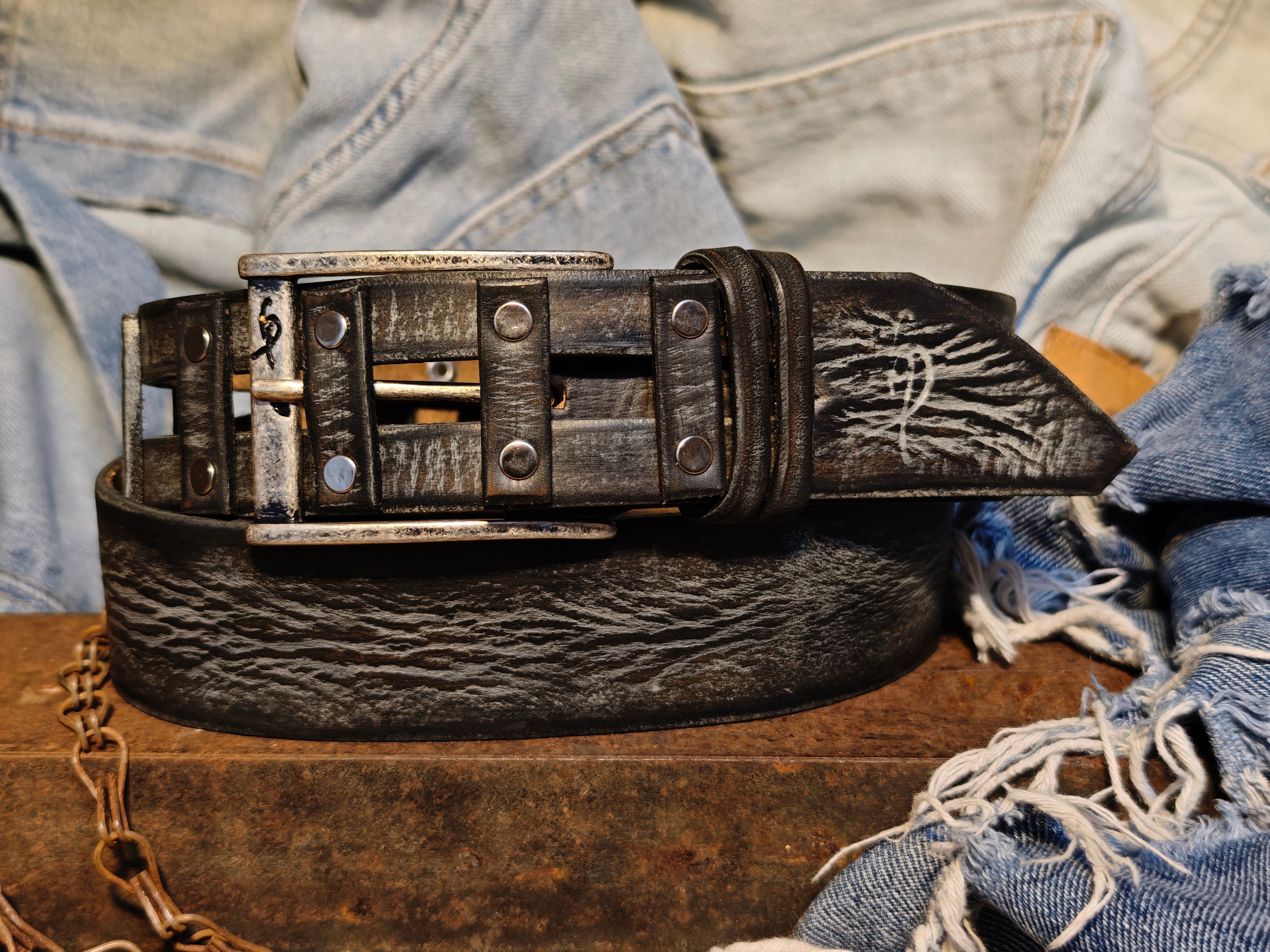 Brown Leather Belt  Handmade Gray Wash  Silver Buckle  Unique Original Design  Casual Outfit  X-Mas Gift