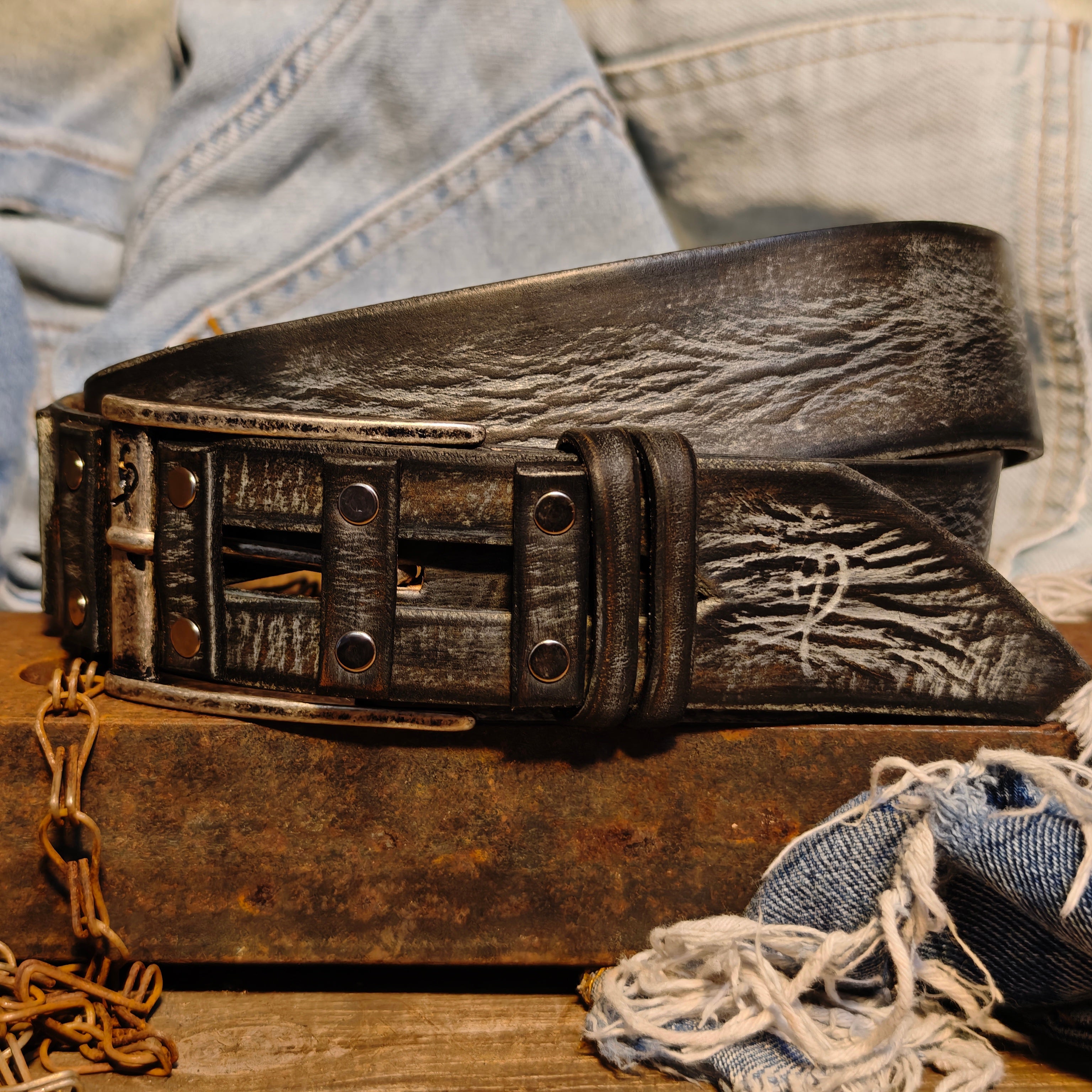 Brown Leather Belt  Handmade Gray Wash  Silver Buckle  Unique Original Design  Casual Outfit  X-Mas Gift