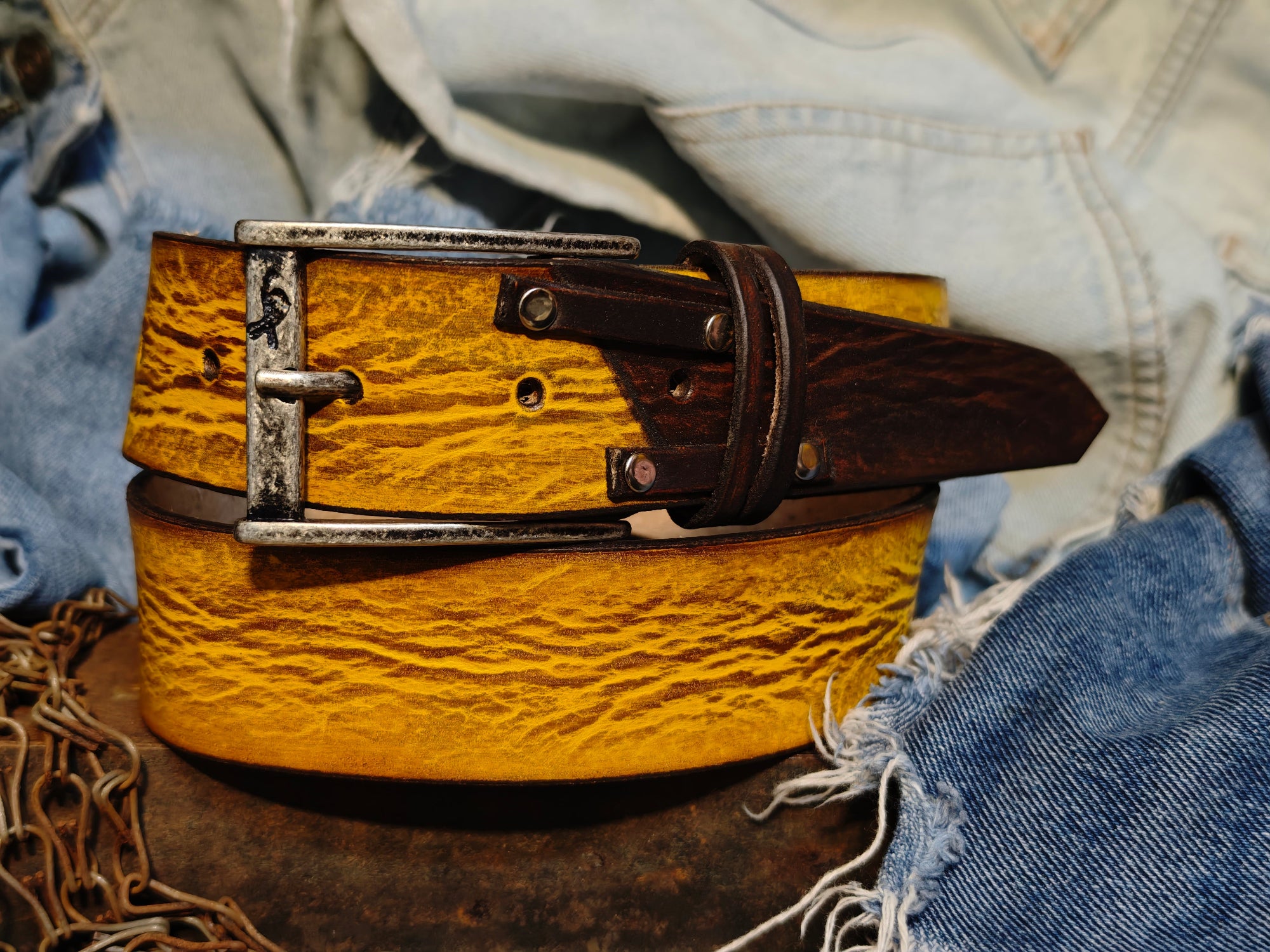 Mens Handcrafted Yellow with brown riveted Leather Belt