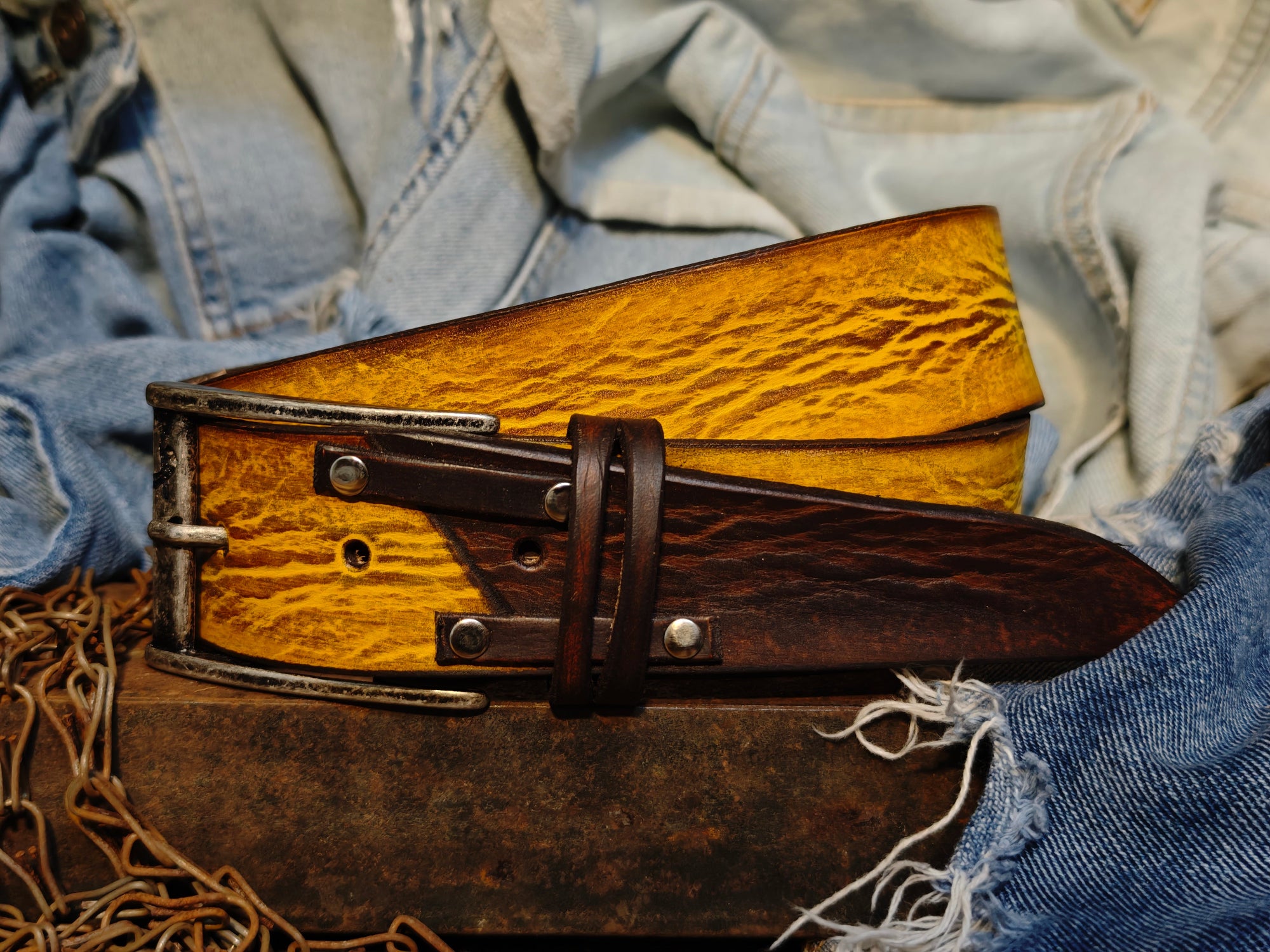 Mens Handcrafted Yellow with brown riveted Leather Belt
