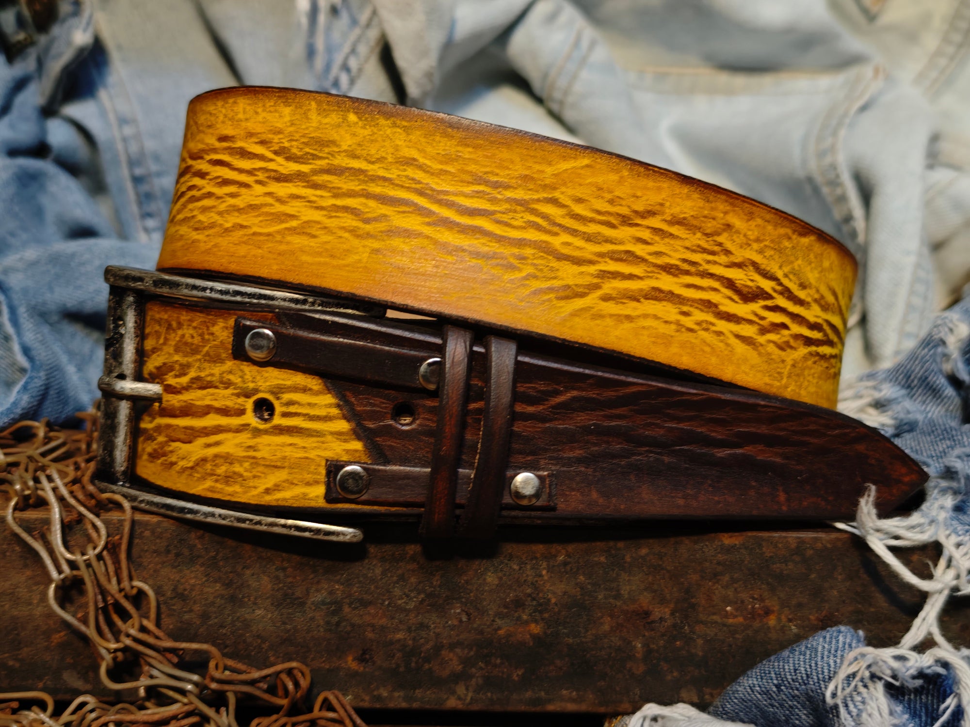 Mens Handcrafted Yellow with brown riveted Leather Belt
