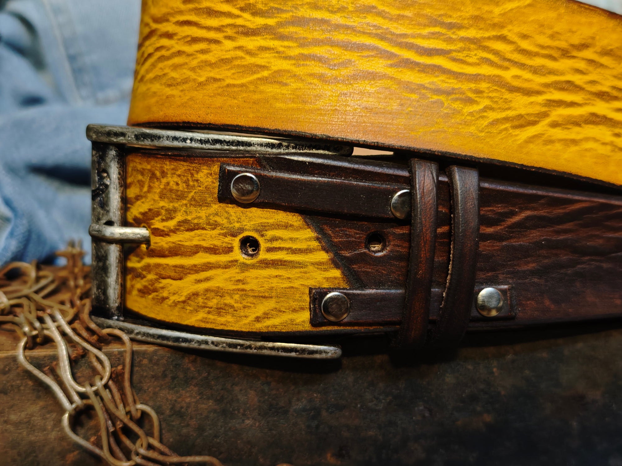 Mens Handcrafted Yellow with brown riveted Leather Belt