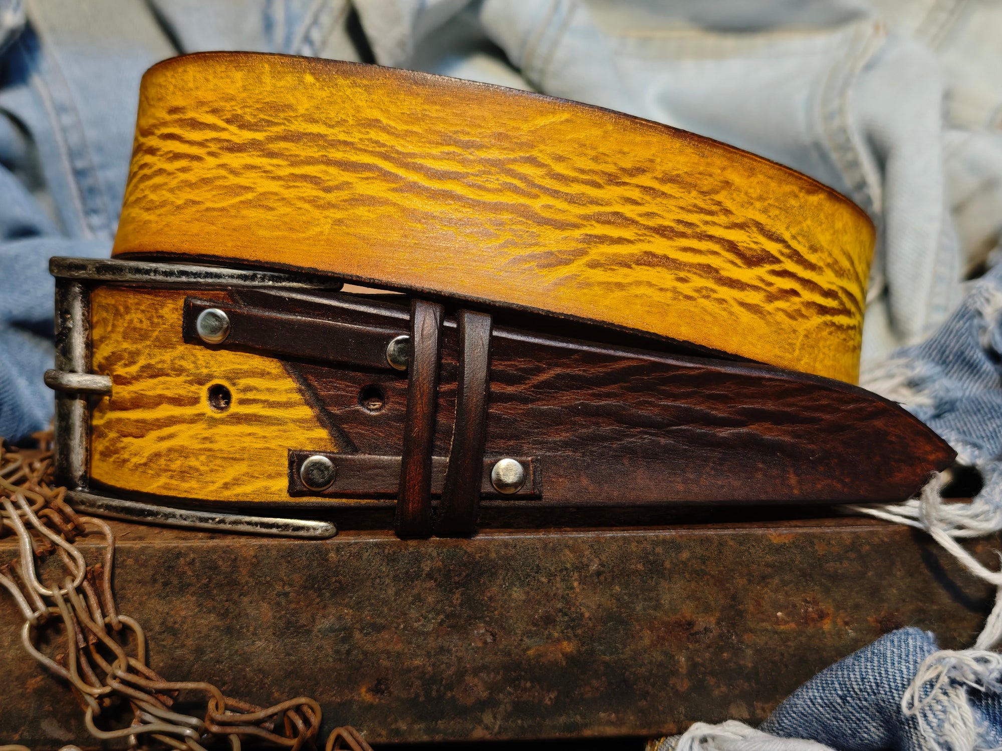 Mens Handcrafted Yellow with brown riveted Leather Belt