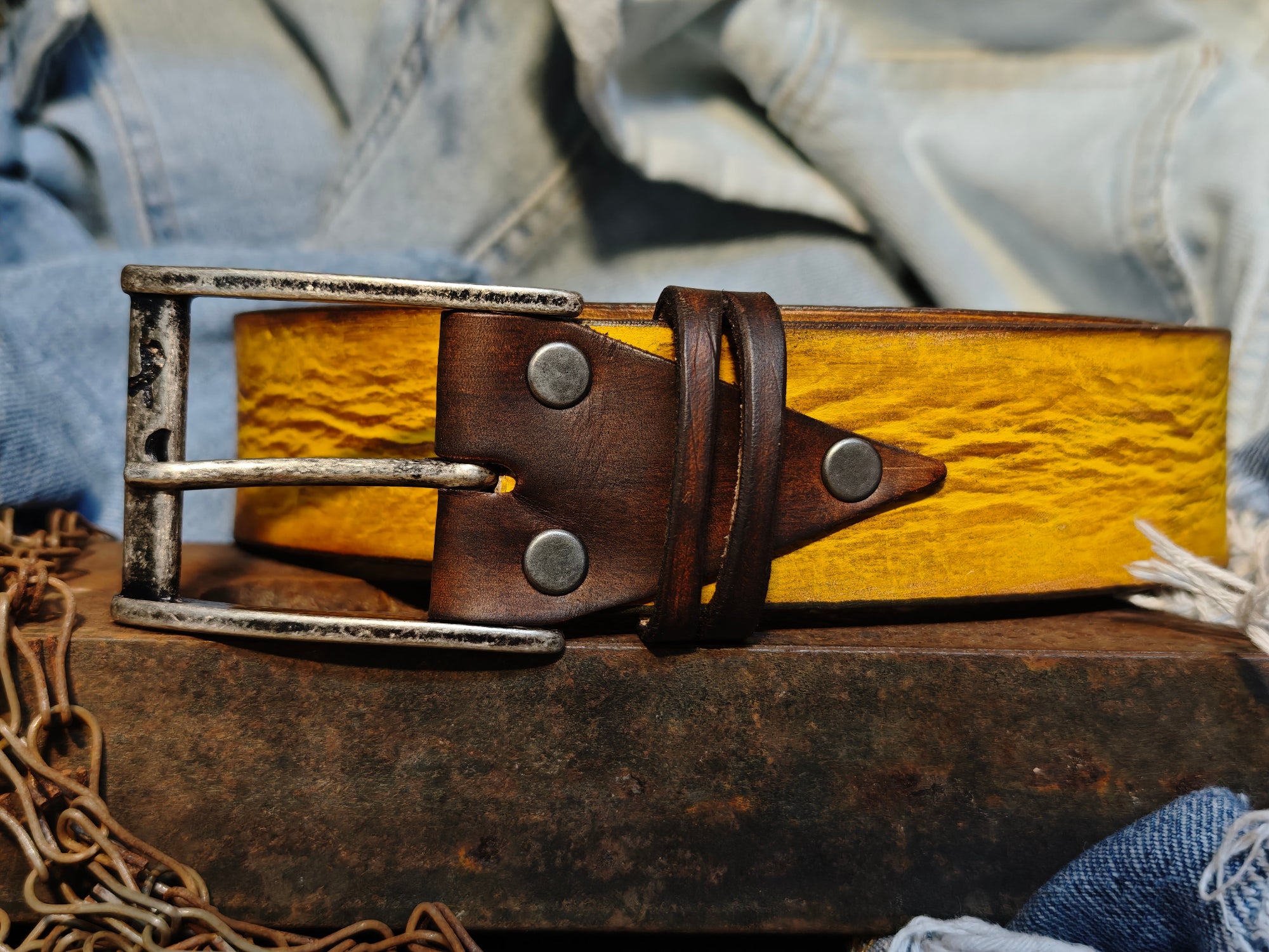 Mens Handcrafted Yellow with brown riveted Leather Belt
