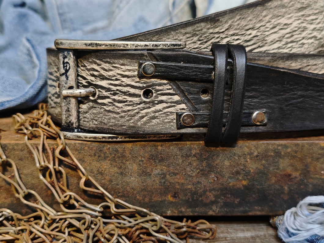 Handmade White Leather Belt with Black Wash - Unique Double Strap Design - Ishaor