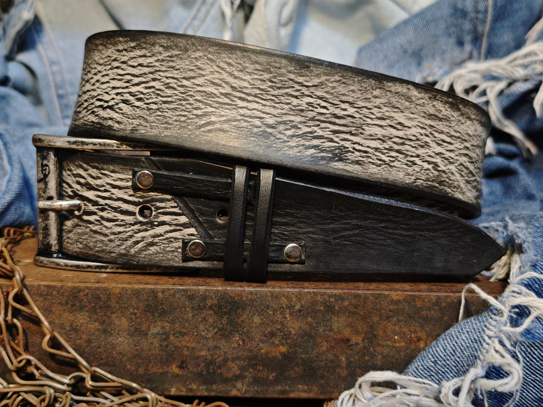 Handmade White Leather Belt with Black Wash - Unique Double Strap Design - Ishaor