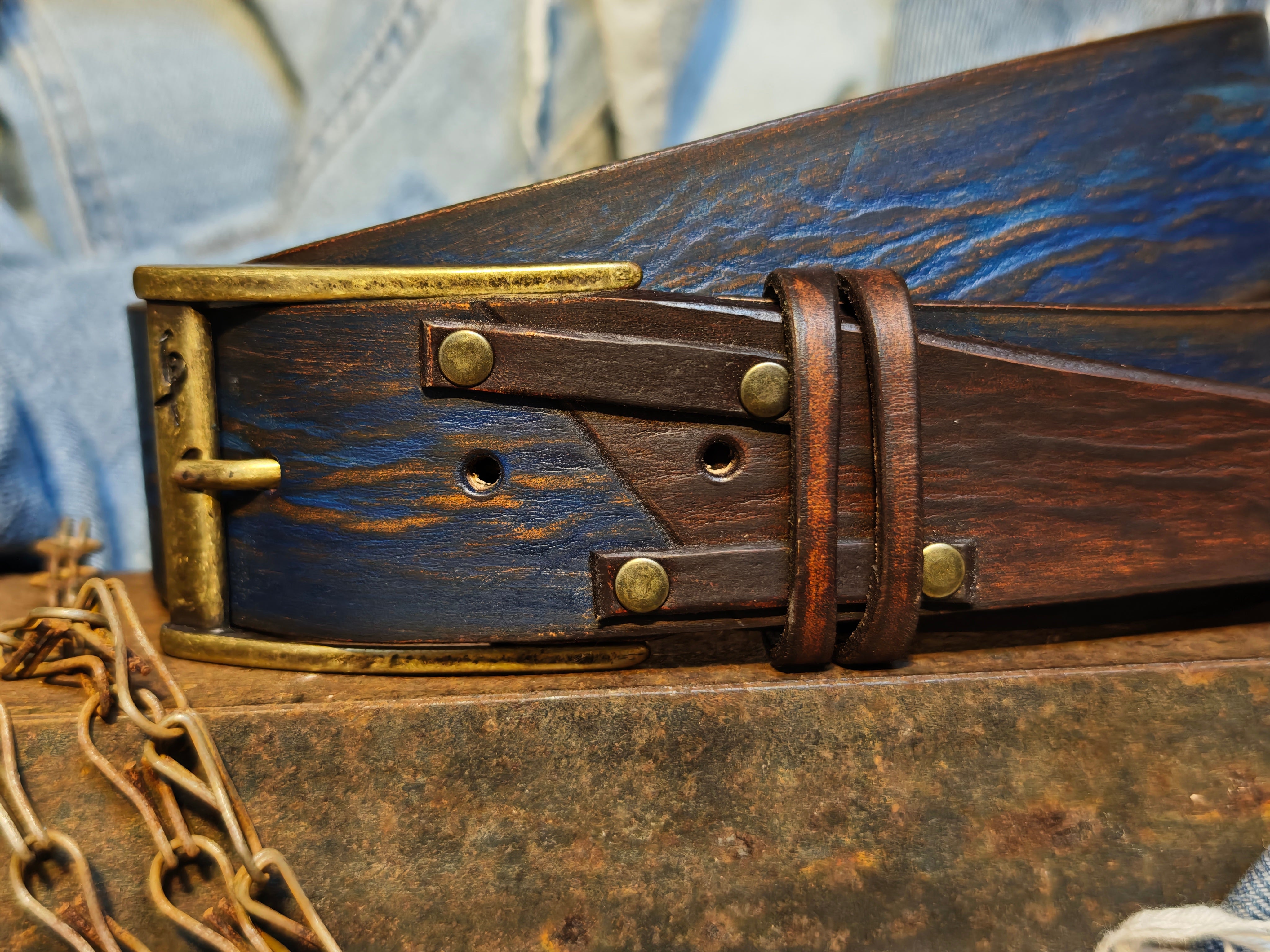 Handmade Distressed Blue & Brown Leather Belt – Full Grain Artisan Men’s Belt