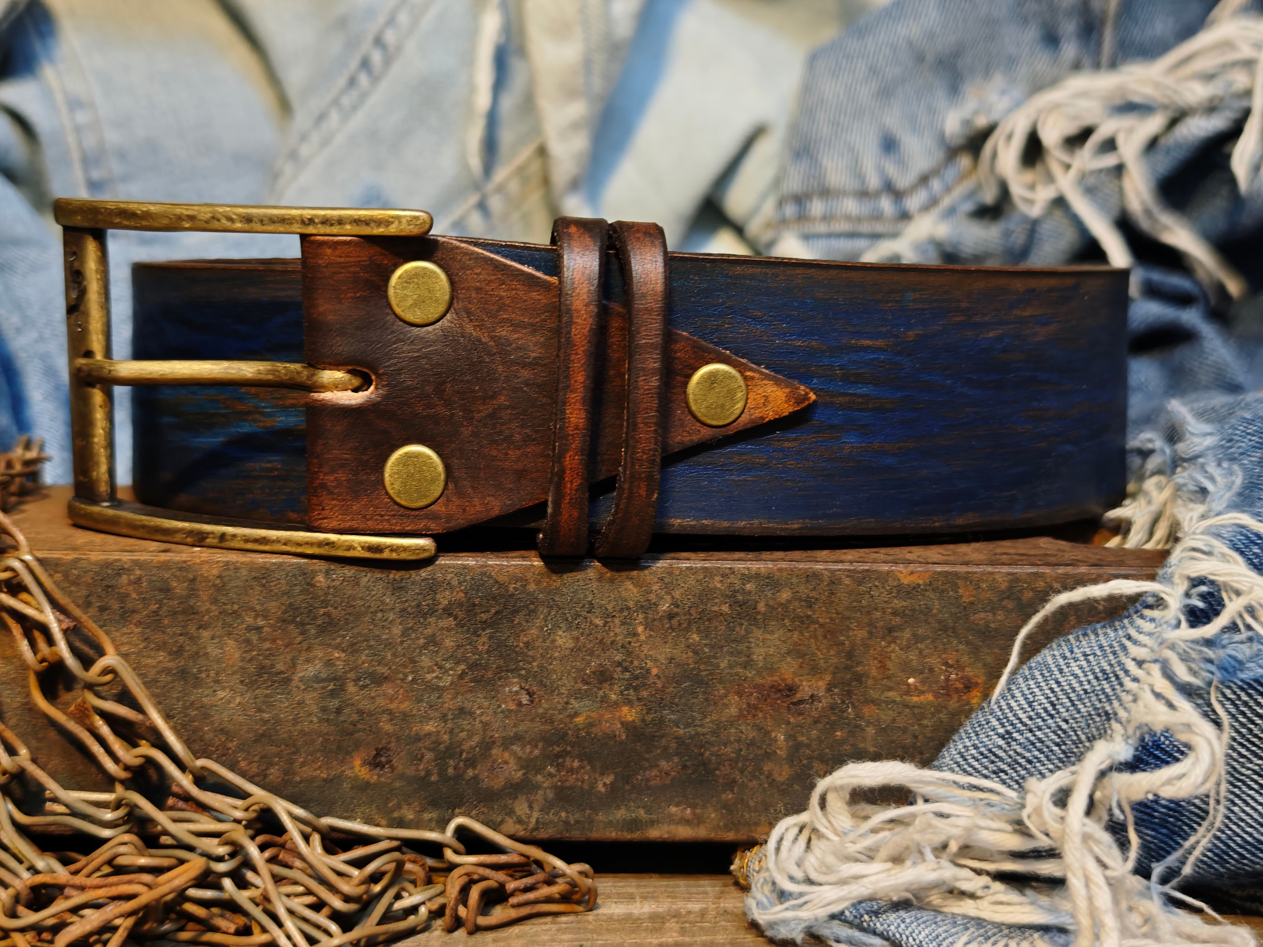 Handmade Distressed Blue & Brown Leather Belt – Full Grain Artisan Men’s Belt